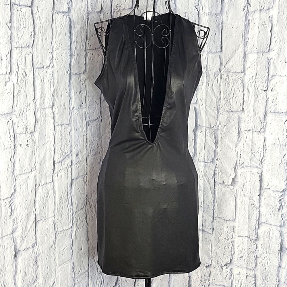 ROMA Faux Leather Plunging Neckline Black Dress Small,